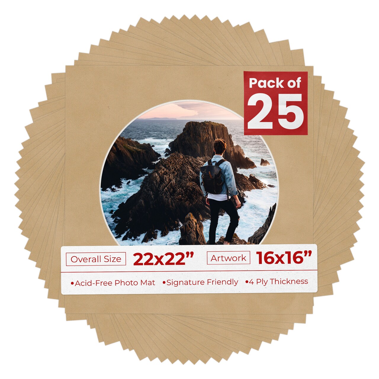 Beige Suede Mat Board for 22x22 Frames - Circle Opening for 16x16 Photos